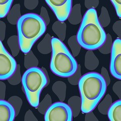 Blue avocados on a black background. Avocado seamless pattern.