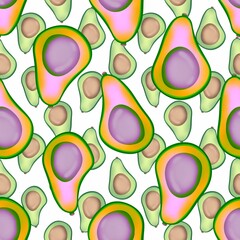 Pink, green avocados on a white background. Avocado seamless pattern. Avocado background.