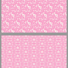Beautiful background patterns with decorative elements. Set. Colors used: pink, white. Seamless pattern, texture. Vector image