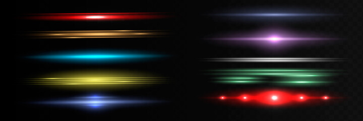 Horizontal lens flare set. Laser beams, horizontal light beams. Beautiful flashes of light. Glowing stripes on a dark background. Glowing abstract sparkling lined background.