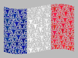 Mosaic cattle waving France flag designed with ox elements. Vector collage waving France flag created for agriculture advertisement. France flag collage is formed with randomized ox heads.