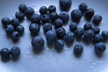 Closeup super food fresh pile picked fresh blueberries rich in vitamin c and antioxidants on blue grey ceramic plate background. Healthy eating and lifestyle concept
