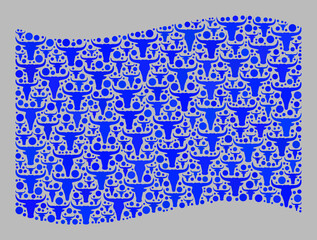 Mosaic cattle waving blue flag constructed with livestock elements. Vector mosaic waving blue flag constructed for farm advertisement. Blue flag collage is formed with scattered cattle heads.
