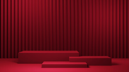 3D rendering of Three red square podiums for displaying products in the red room background. Mockup for show product.