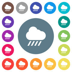 Downpour weather flat white icons on round color backgrounds
