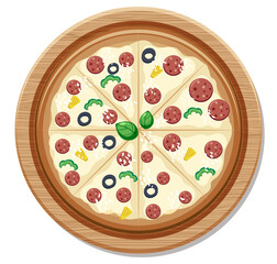 Top view of a whole delicious pizza on wooden plate isolated on white background