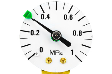 A macro photo of a pressure gauge scale to 1 Mpa showing a pressure of 0.3 Mpa, isolated on a white...