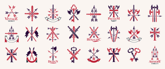 Weapon emblems vector emblems big set, heraldic design elements collection, classic style heraldry armory symbols, antique knives armory arsenal compositions. - obrazy, fototapety, plakaty