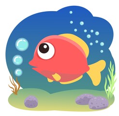 Tropical red fish. Little landscape. Underwater life. Wild animals. Ocean, sea. Summer water. Isolated on white background. Illustration in cartoon style. Flat design. Vector art