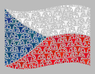 Mosaic cattle waving Czech flag created of calf elements. Vector mosaic waving Czech flag created for farm advertisement. Czech flag collage is created of scattered cattle heads.