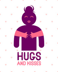 Hugs and kisses with loving hands of beloved person and kissing lips, lover woman hugging her mate and shares love, vector icon logo or illustration in simplistic symbolic style.