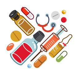 Pharmacy drugs apothecary bottles and pills and ampules, big composition set of medicaments vector flat illustration isolated, health care and healing medical theme design.