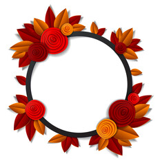 Background with flowers and autumn leaves paper cut style, copy space for text, vector fall floral illustration. Wedding invitation or romantic greeting card.