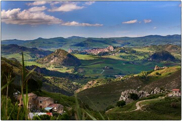 view of the town of Sperlinga in central Sicily between valleys and pastures in early spring