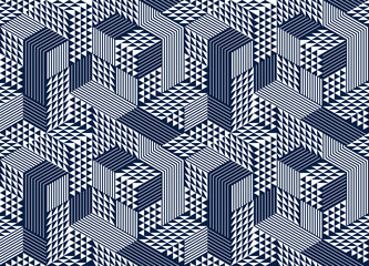 Seamless isometric rhombus and triangles geometric pattern, 3D cubes vector tiling background, architecture and construction, wallpaper design.