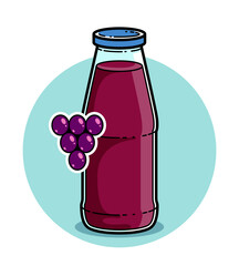 Obraz premium Grape juice in a glass bottle isolated on white background vector illustration, cartoon style logo or badge for pure fresh juice, diet food beverage delicious and healthy.