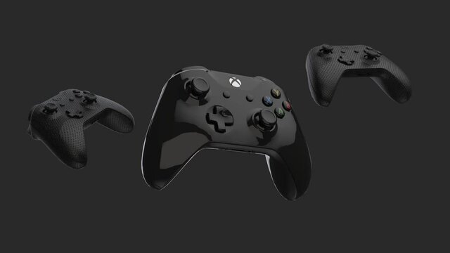Flying 3d illustration render similar to xbox series x Video game three controller  on black background