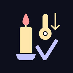 Candles storage at room temperature RGB color manual label icon for dark theme. Isolated vector illustration on night mode background. Simple filled line drawing on black for product use instructions