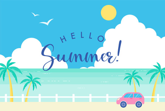 vector background with a car driving along the coast in summer for banners, cards, flyers, social media wallpapers, etc.