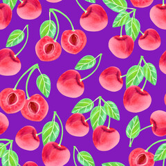 Sweet cherry watercolor seamless pattern. Pink berry on violet background. Food painted pattern for textile, fabric, print design, calendar, wrapping paper