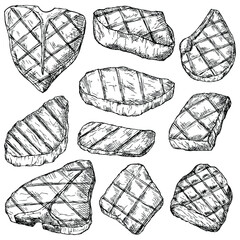 Sef of grilled meat steaks. Vector illustration. Isolated on white. Hand-drawn style.