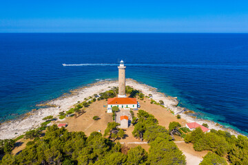 Fototapeta na wymiar Aerial view of the old lighthouse of Veli Rat on the island of Dugi Otok, Croatia, beautiful seascape