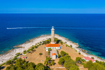 Aerial view of the old lighthouse of Veli Rat on the island of Dugi Otok, Croatia, beautiful seascape