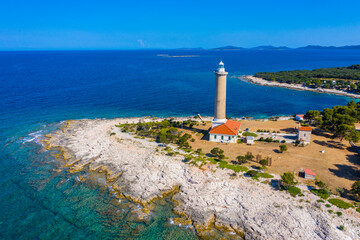 Fototapeta na wymiar Aerial view of the old lighthouse of Veli Rat on the island of Dugi Otok, Croatia, beautiful seascape