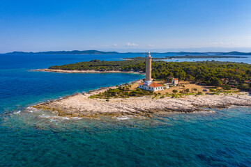 Aerial view of the old lighthouse of Veli Rat on the island of Dugi Otok, Croatia, beautiful seascape