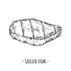 Grilled steak. Vector illustration. Isolated object on white. Hand-drawn style.