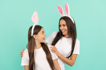 happy easter family of mother and daughter in bunny ears, easter