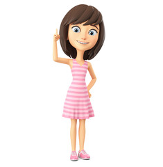 Cartoon character cheerful girl in a pink striped dress points a finger up. 3d render illustration.