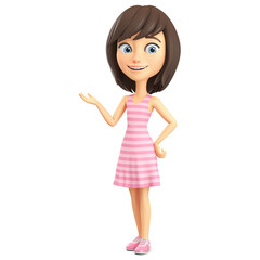 Cartoon character cheerful girl in a pink striped dress points with her hand to an empty space. 3d render illustration.