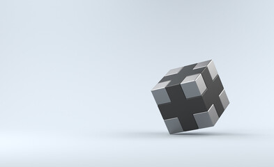 Falling black cube with metal inserts. 3d render.