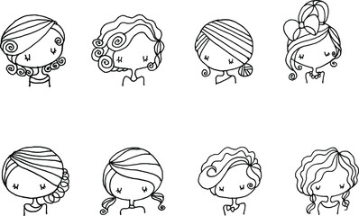 Black and white vector illustration cartoon girl hairstyle series