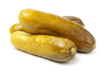 Marinated pickled cucumbers on white background