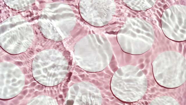 Shot of water surface with ripples and spontaneous waves on pale pink background with cotton pads in rows | Background shot for rose water commercial
