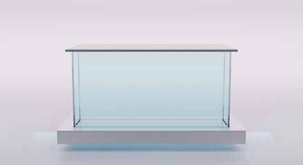 Glass box on stand with lid, aquarium or terrarium isolated on white background. Empty mockup clear rectangular tank for fish, acrylic or plexiglass exhibition showcase. Realistic 3d illustration