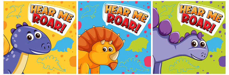 Set of different cute dinosaur posters with speech font