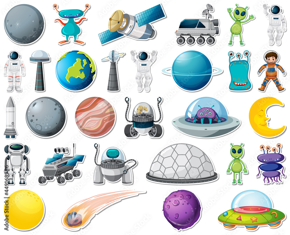Wall mural set of stickers with solar system objects isolated