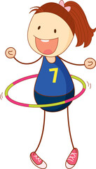 Cute girl playing hula hoop cartoon character in hand drawn doodle style isolated