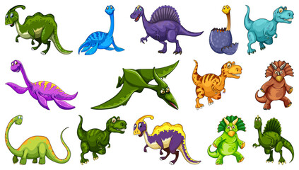 Different dinosaurs cartoon character and fantasy dragons isolated