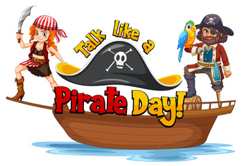 Talk like a pirate day font with pirates on the ship