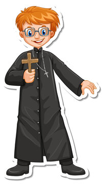 Cartoon character of priest holding christian cross sticker