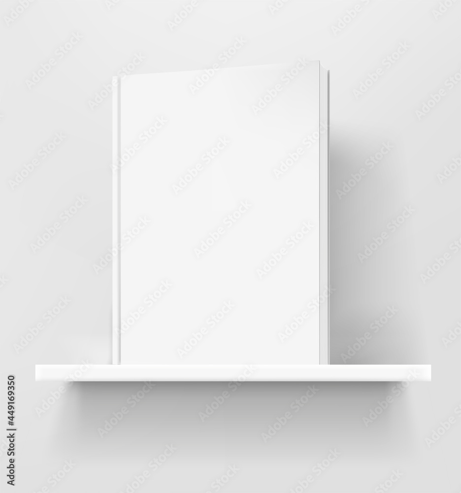 Poster white book on white shelf. 3d style realistic vector mock up
