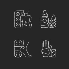 Fototapeta premium Medication options chalk white icons set on dark background. Digestive wellbeing. Eye drops. Skin protection from friction. Sterile wound dressing. Isolated vector chalkboard illustrations on black