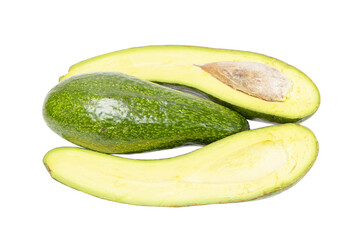Avocado ripe fresh green Clipping Path. Isolated half of fresh. Whole avocado long shape and half with seed with clipping path. Isolated on white background.