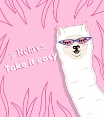 Funny alpaca on a pink background. Animation. White llama with pink glasses. Cover for notebooks. Modern  cartoon design. Leaves. Relax. Take it easy. Stock Vector illustration. Zoo. Animals.