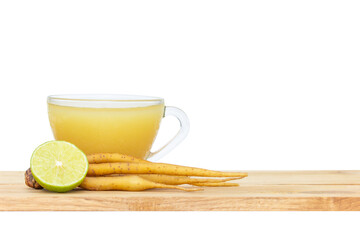 Kaempferia fresh with honey and lemon juice for health. Finger root herbal beverage with fresh rhizome. Vegetable and Herb for Seasoning in Cooking. Isolated on wooden white background clipping path.
