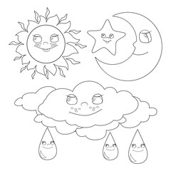 The lovely sun, moon, asterisk and thundercloud are smiling happily. A set of celestial objects. Vector linear illustration.